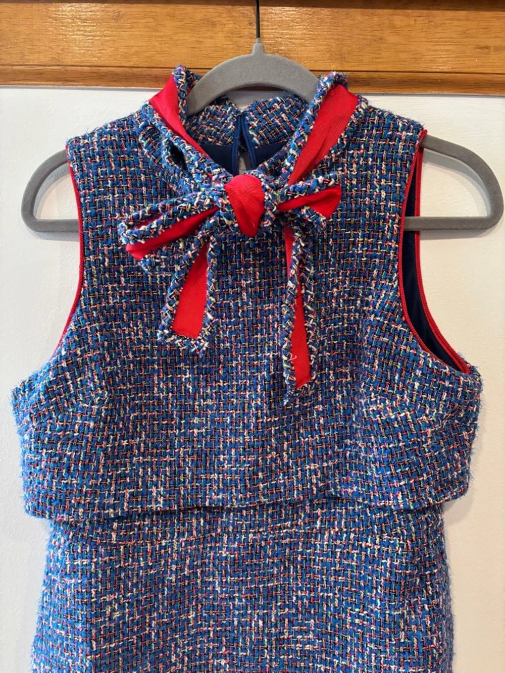 J Crew Blue Tweed Tie-neck Tank Dress in Autumn Tweed with Red Neck Tie Bow 10P